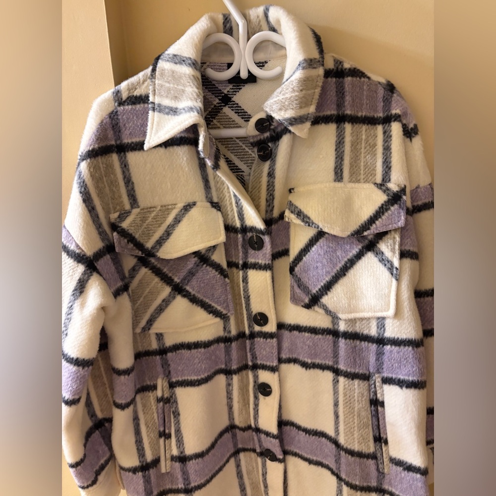 Vero Moda Cream and Purple Plaid Teddy Jacket - Picture 3 of 16